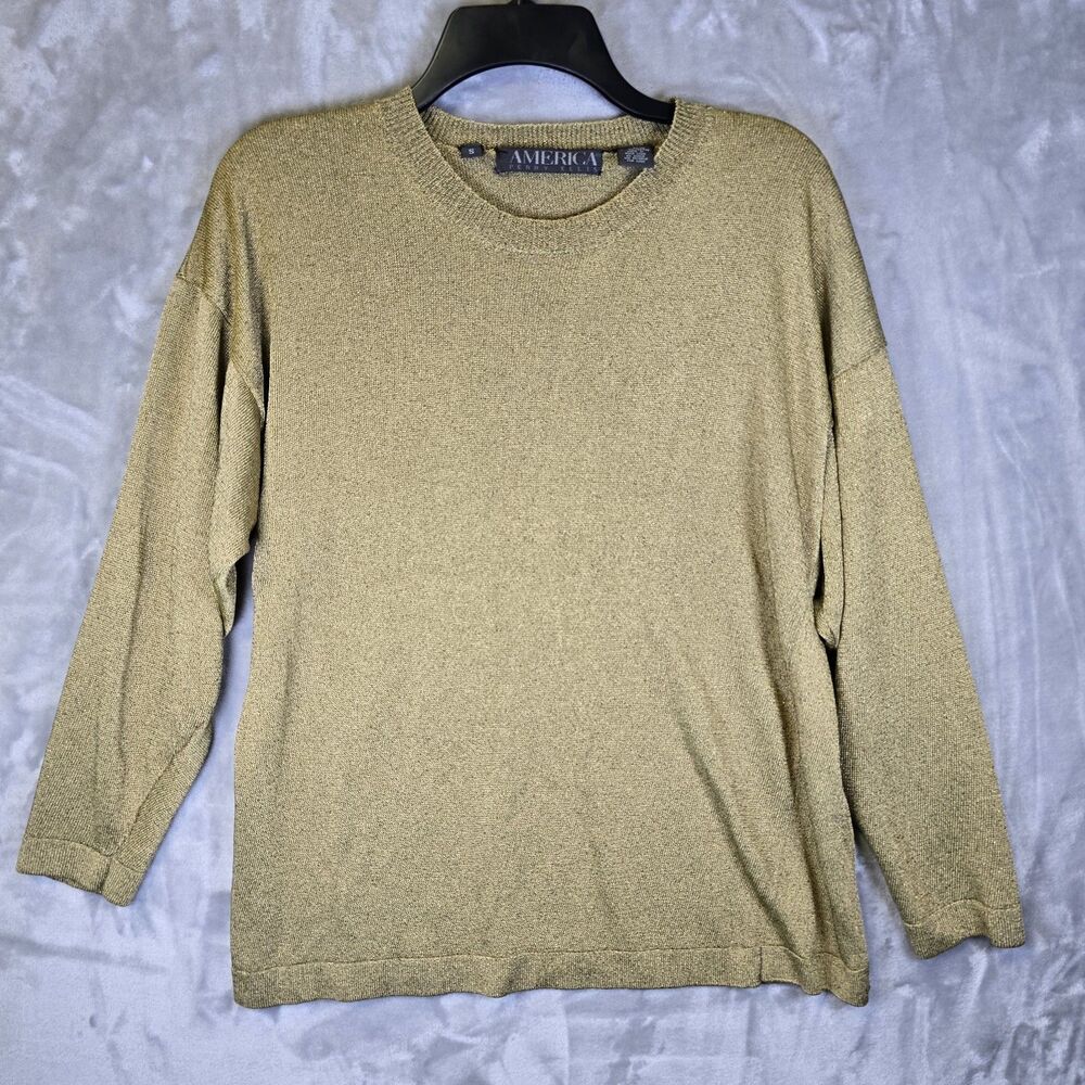 Vtg Perry Ellis America Blouse Shirt Women S Gold Black Elegant Metallic Knit